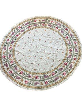 Vintage 90s Lilac Peony Floral Colorful Cotton Oval Tablecloth Spring Home Decor